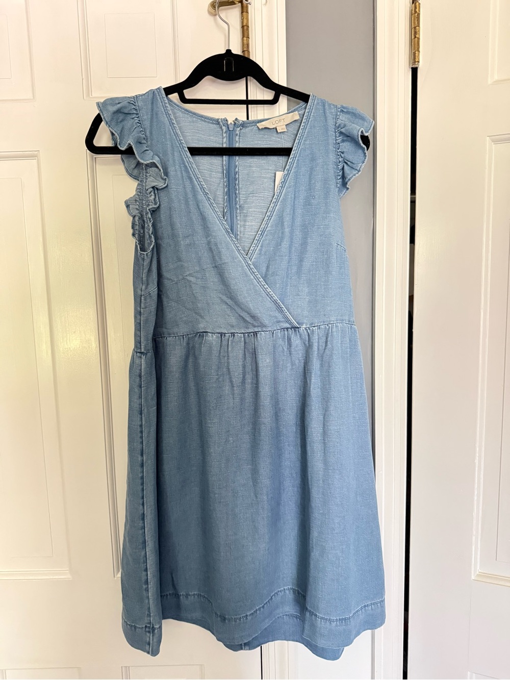LOFT Light Blue Chambray Ruffle Sleeve Wrap Dress